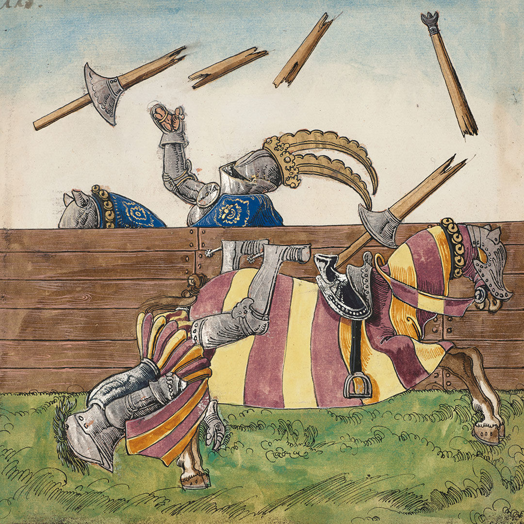 Illustrated manuscript page showing two knights on horseback fighting in the Italian joust of peace